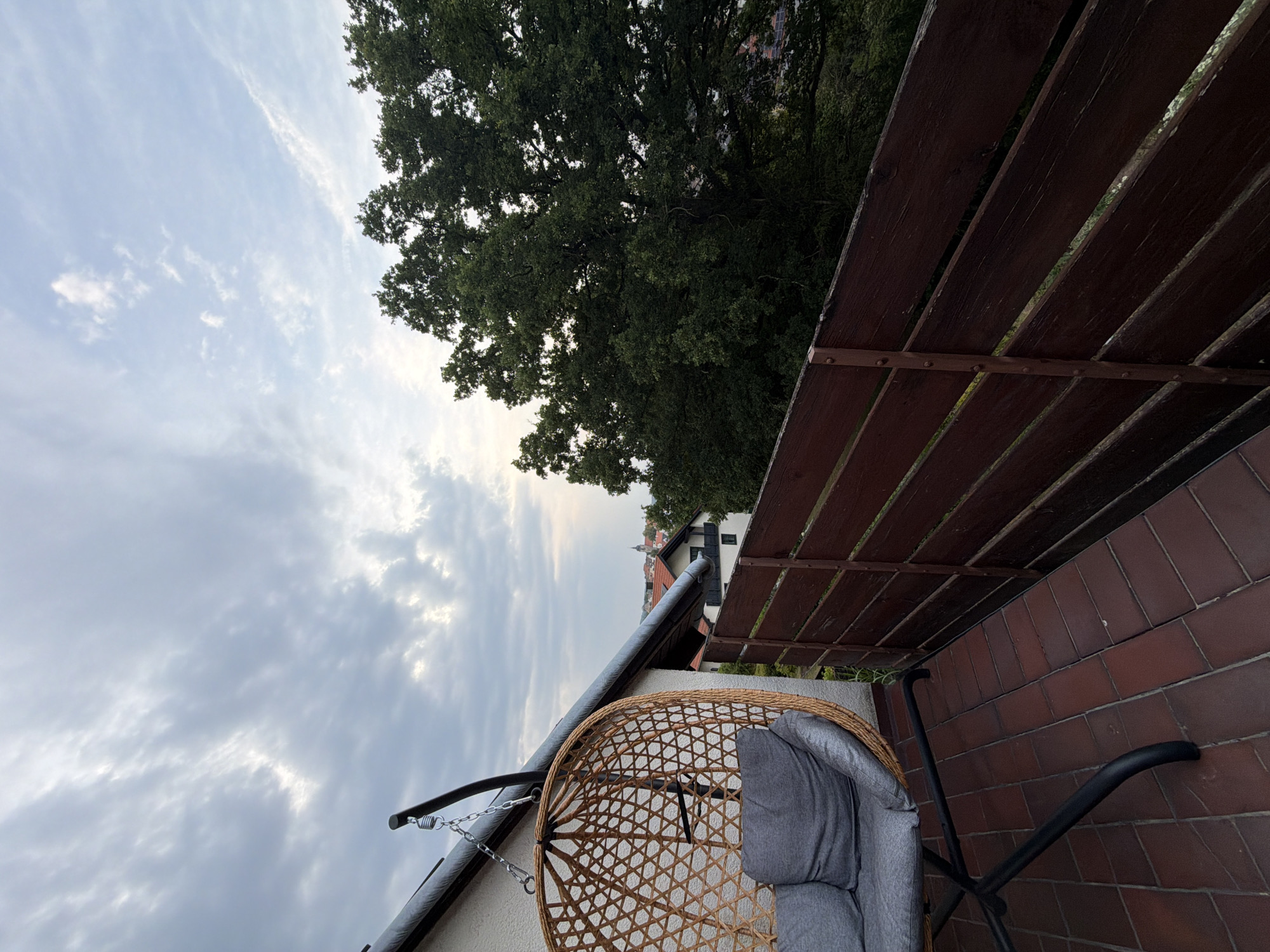 Cat, balcony, and rooftops on a cloudy Creußen evening
