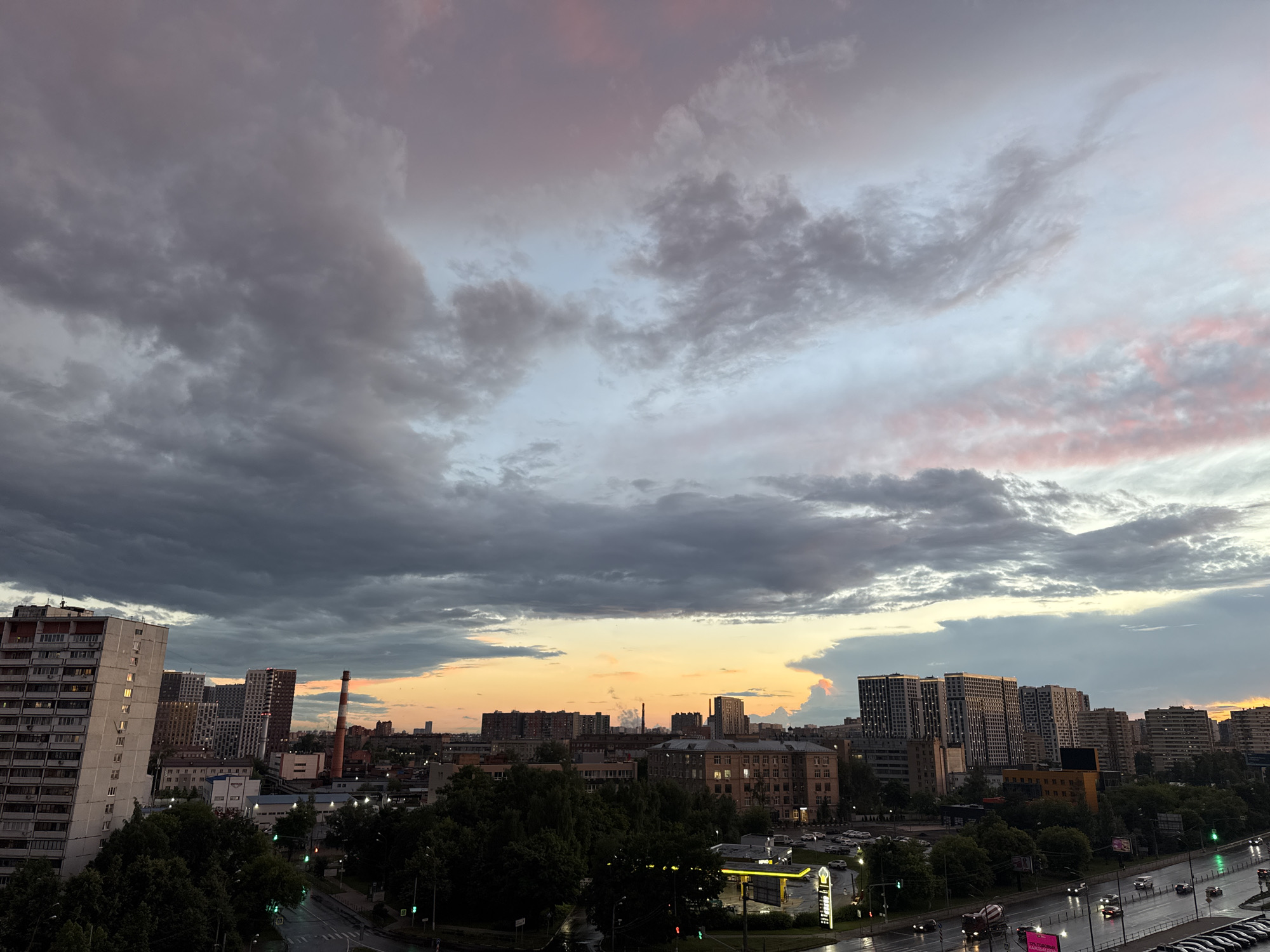 Post-storm sunset lights up Pushkino streets and skyline
