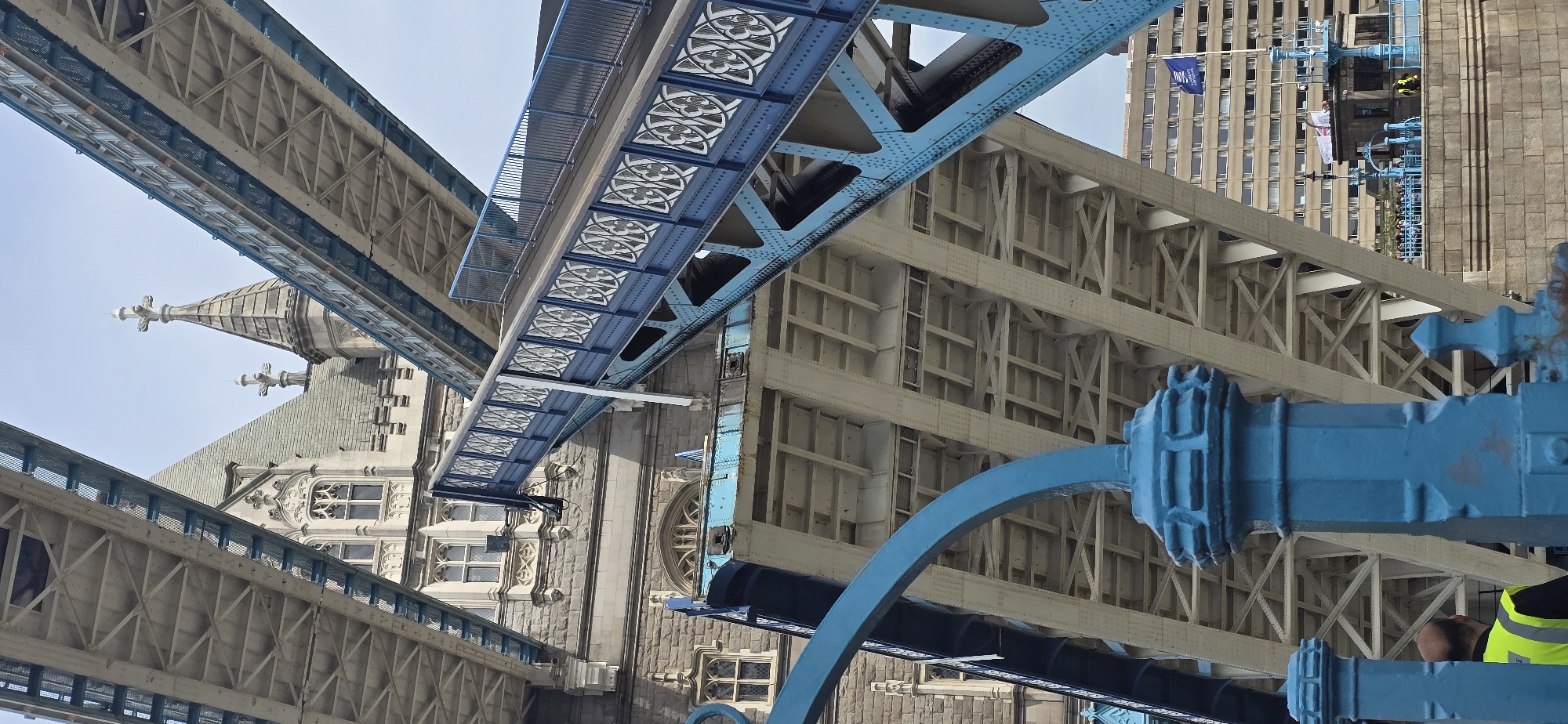 Tower Bridge bascules raised during Thames river traffic passage