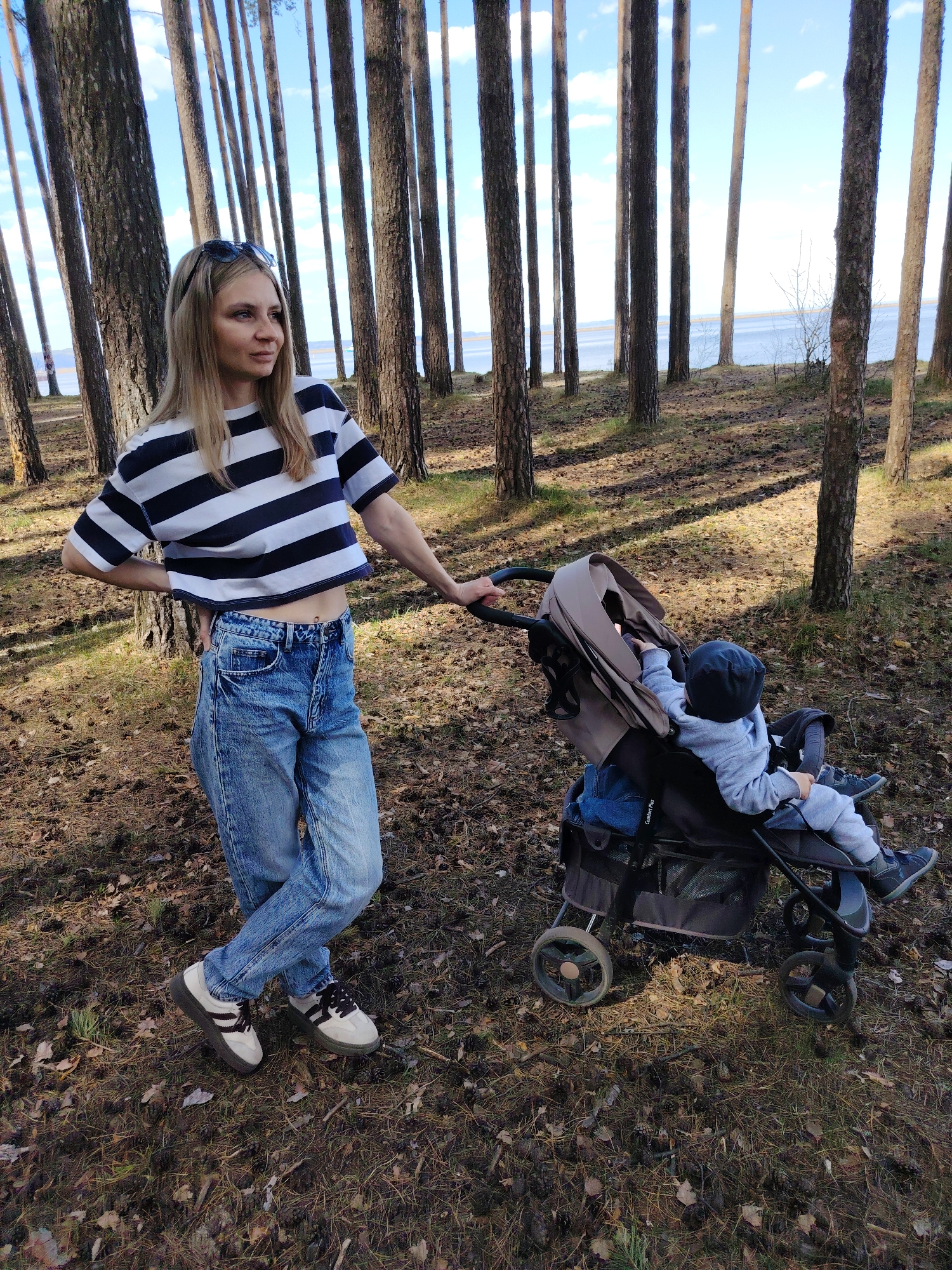 Woman with stroller, ducks spotted in Chaikovsky forest area