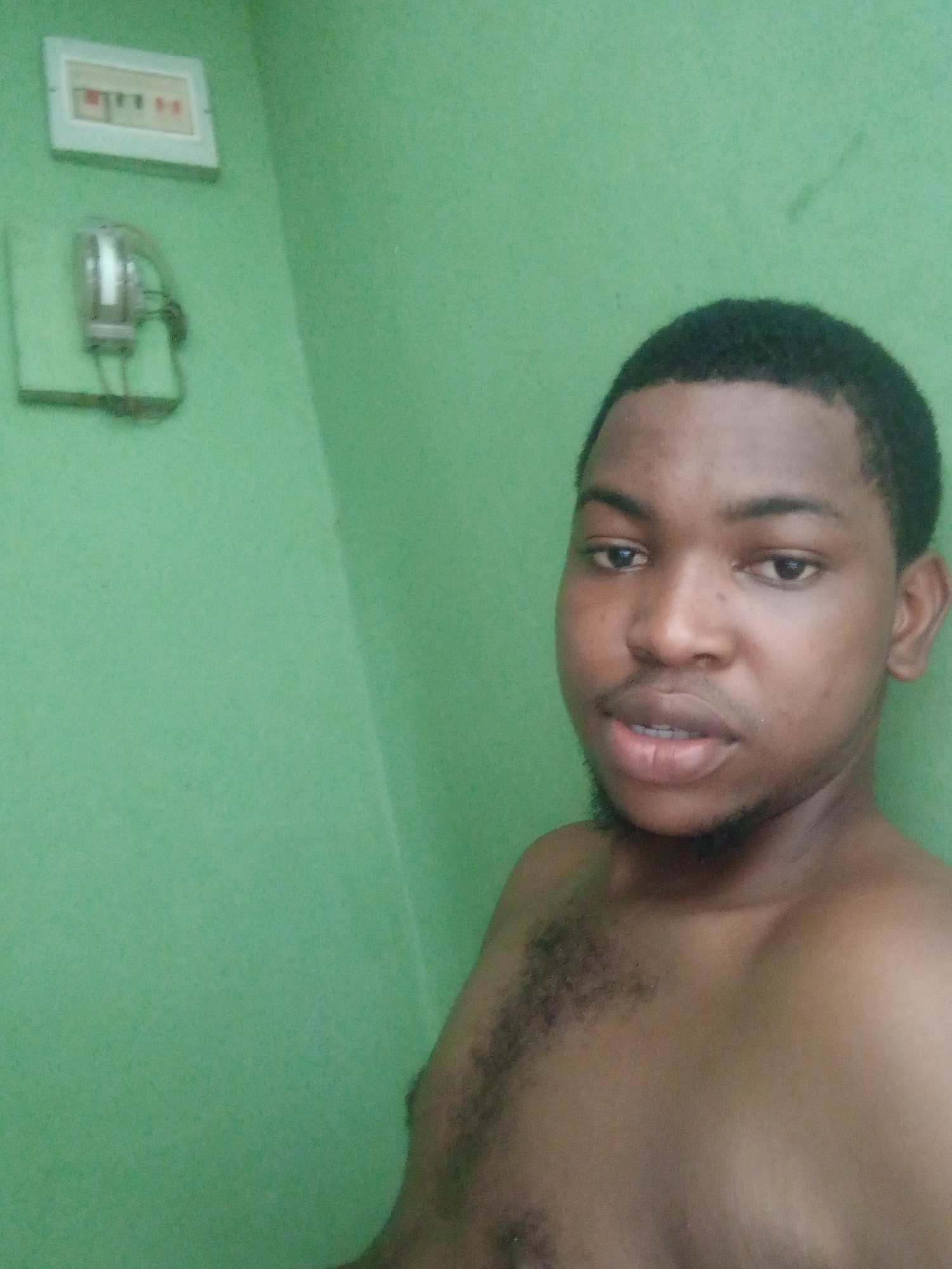 Portrait of shirtless man photographed against green wall