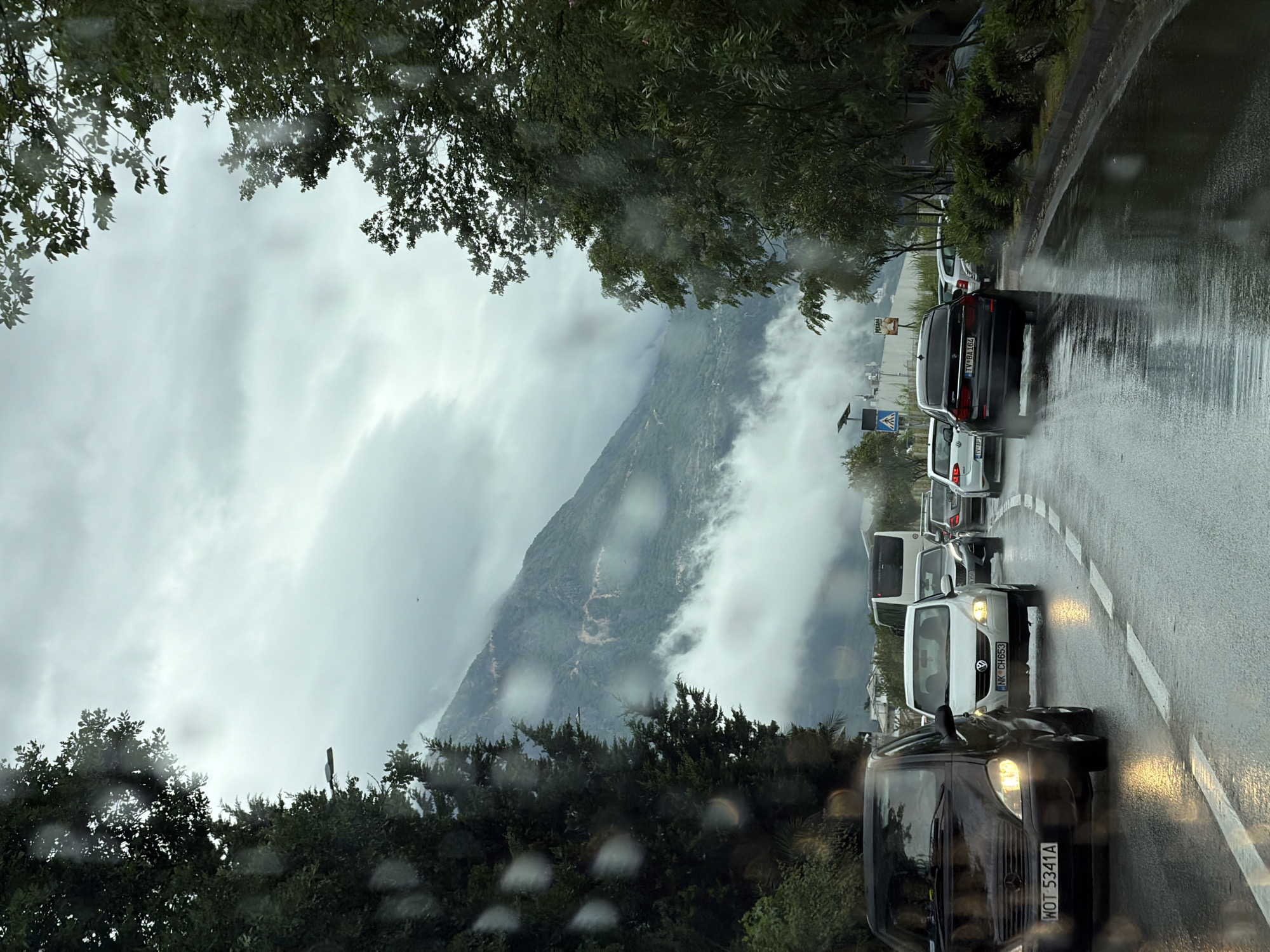 Traffic jam clogs wet roads during rainfall in Tivat