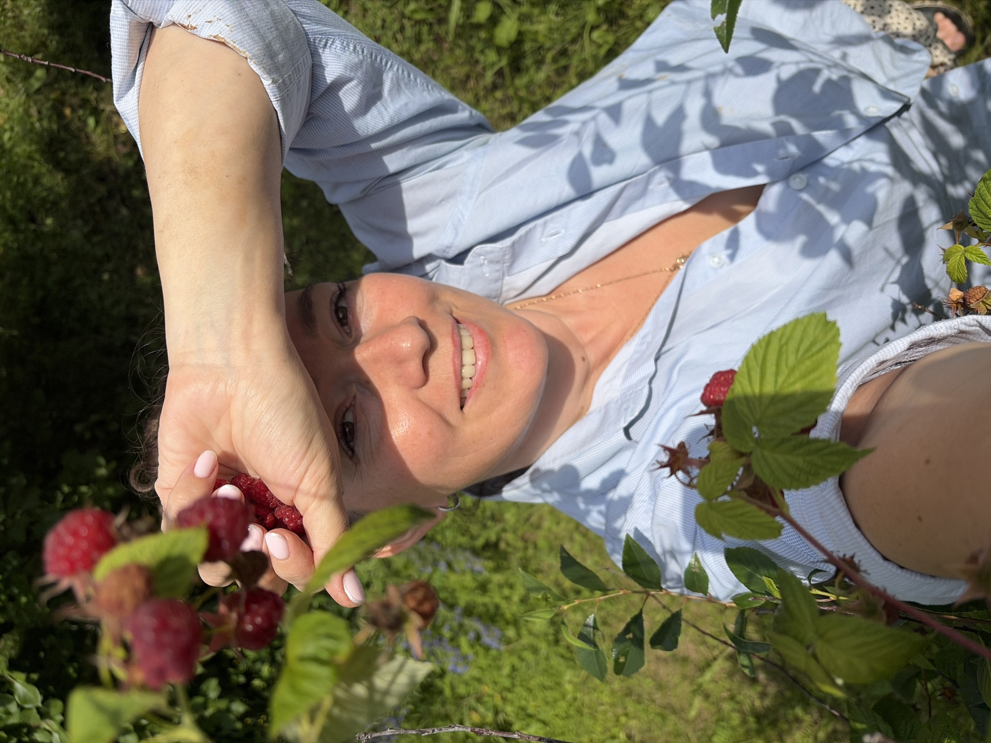 Summer morning in an Olkhovka garden — berries, wildflowers, river views