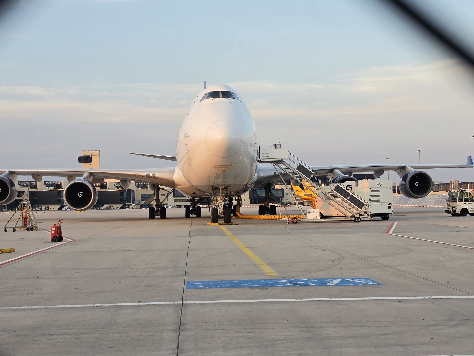 Boeing 747-8 on the tarmac at Frankfurt Airport, seen from the fence