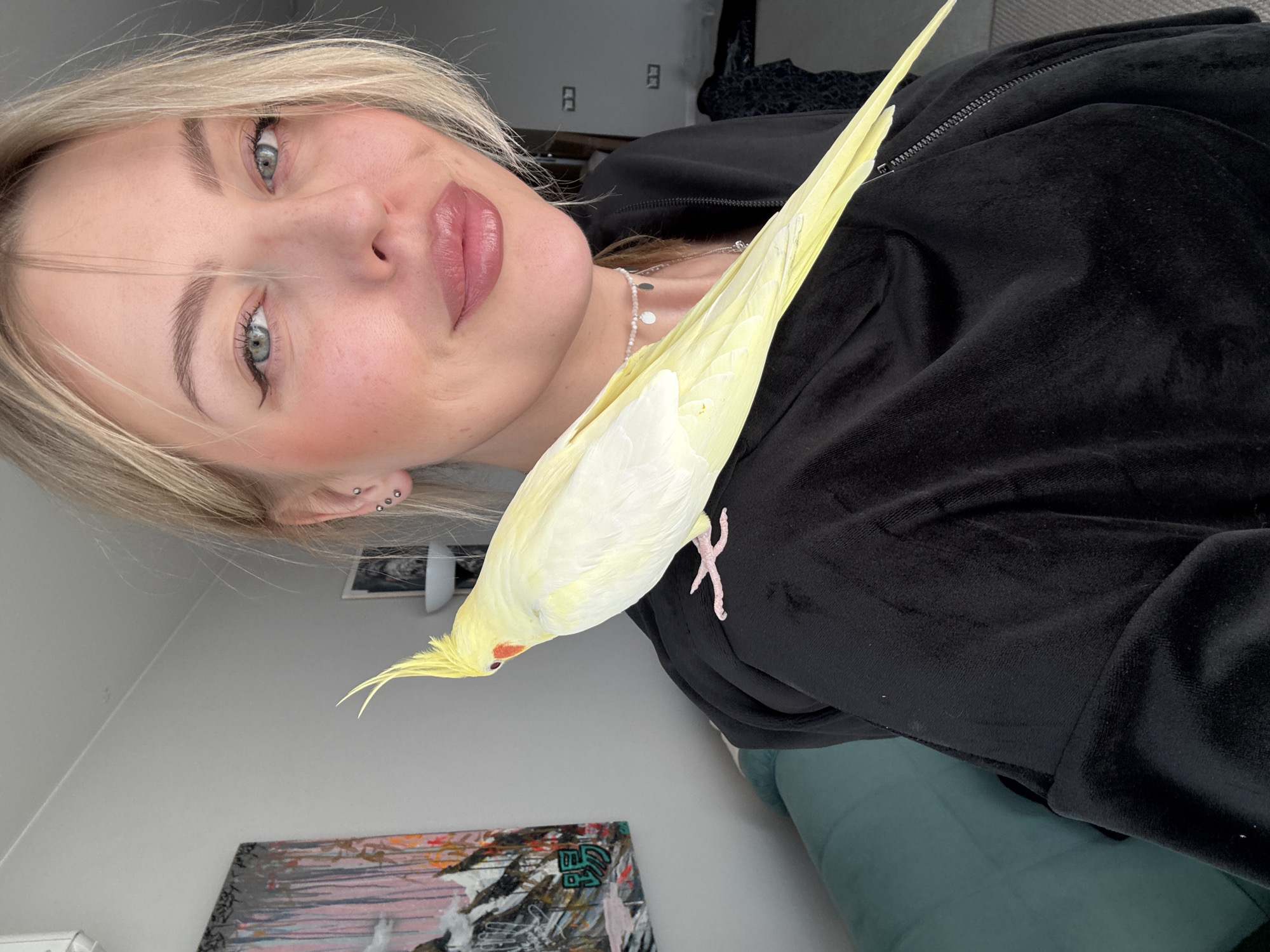 Woman photographed with pet cockatiel in Krasnoyarsk portrait session