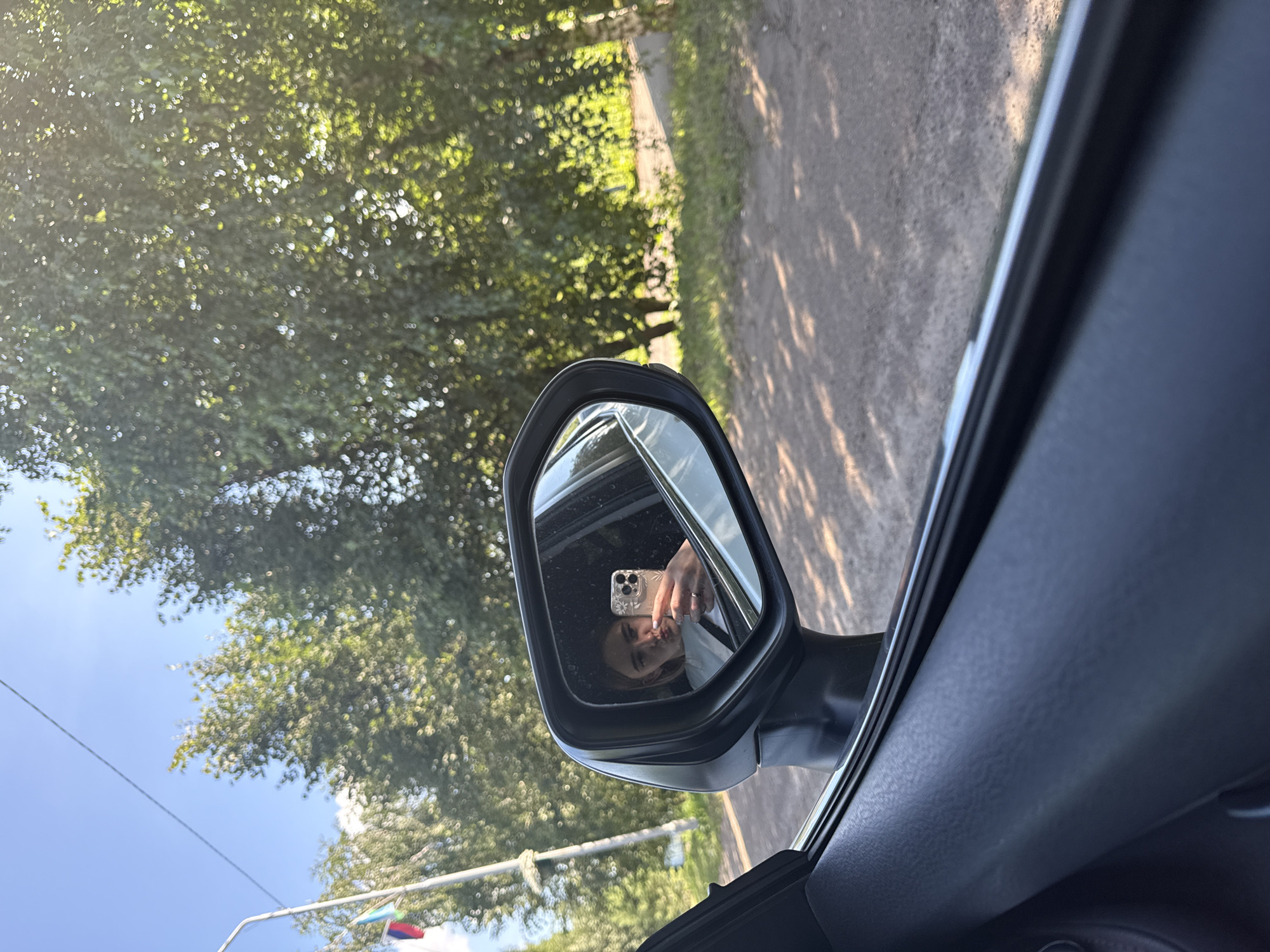 Car ride snapshots with fruit, figurines, and a mirror selfie