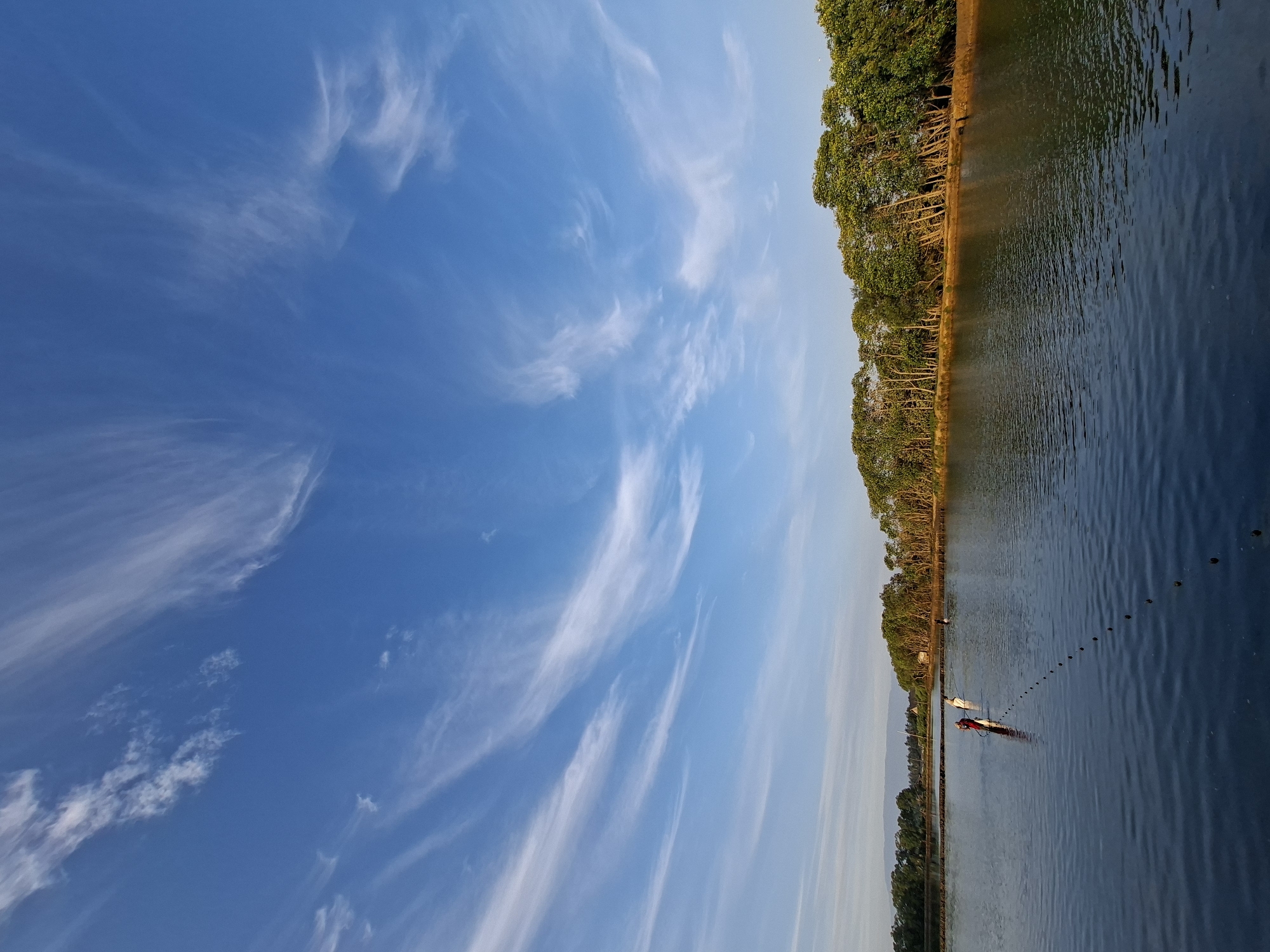 Still water reflects sky and trees in rural Indonesia