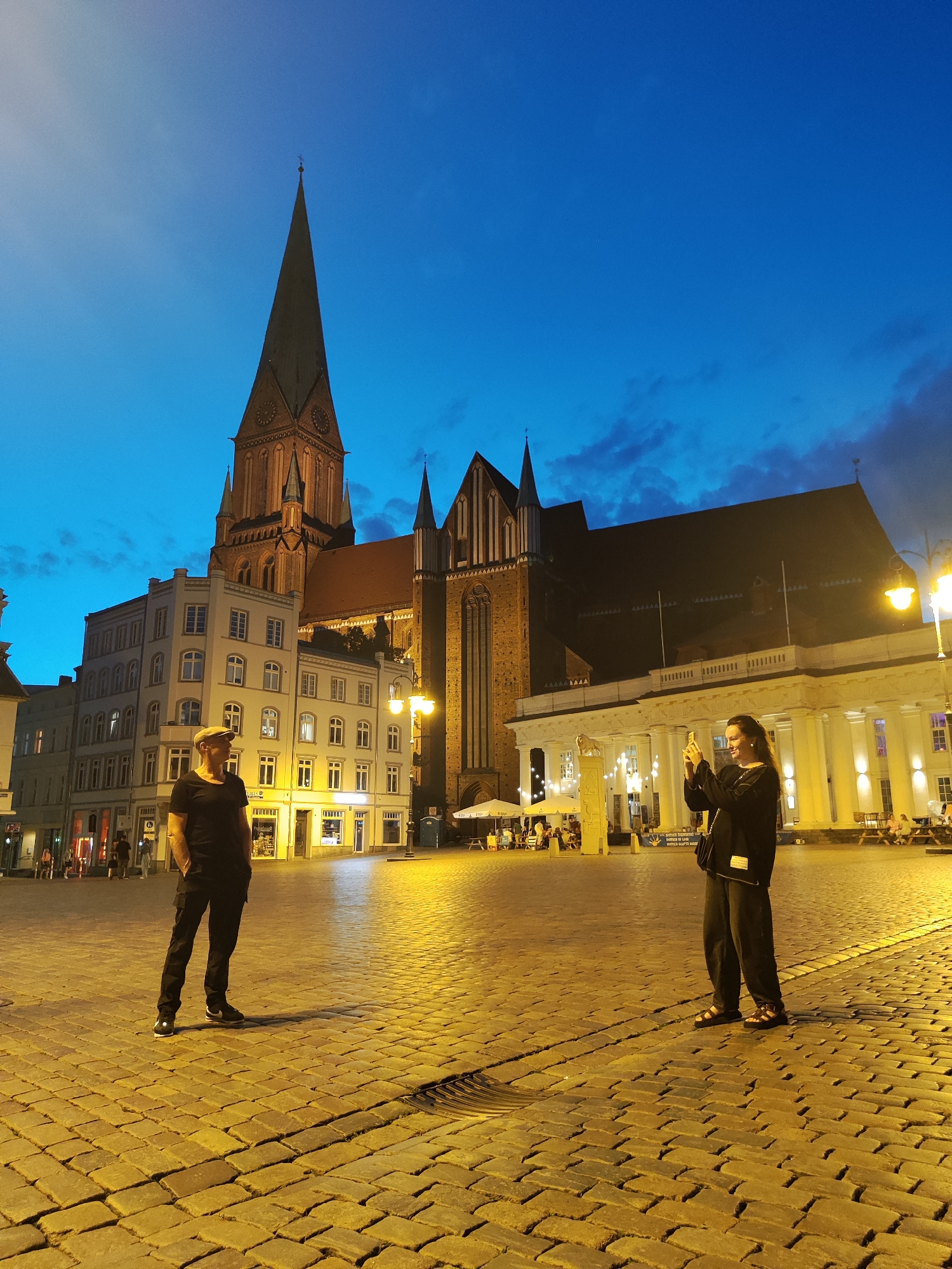 Schwerin's old town at golden hour into night