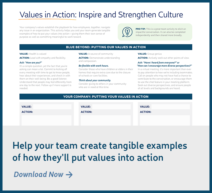 Values in Action Worksheet Help your team create tangible examples of how they'll put values into action