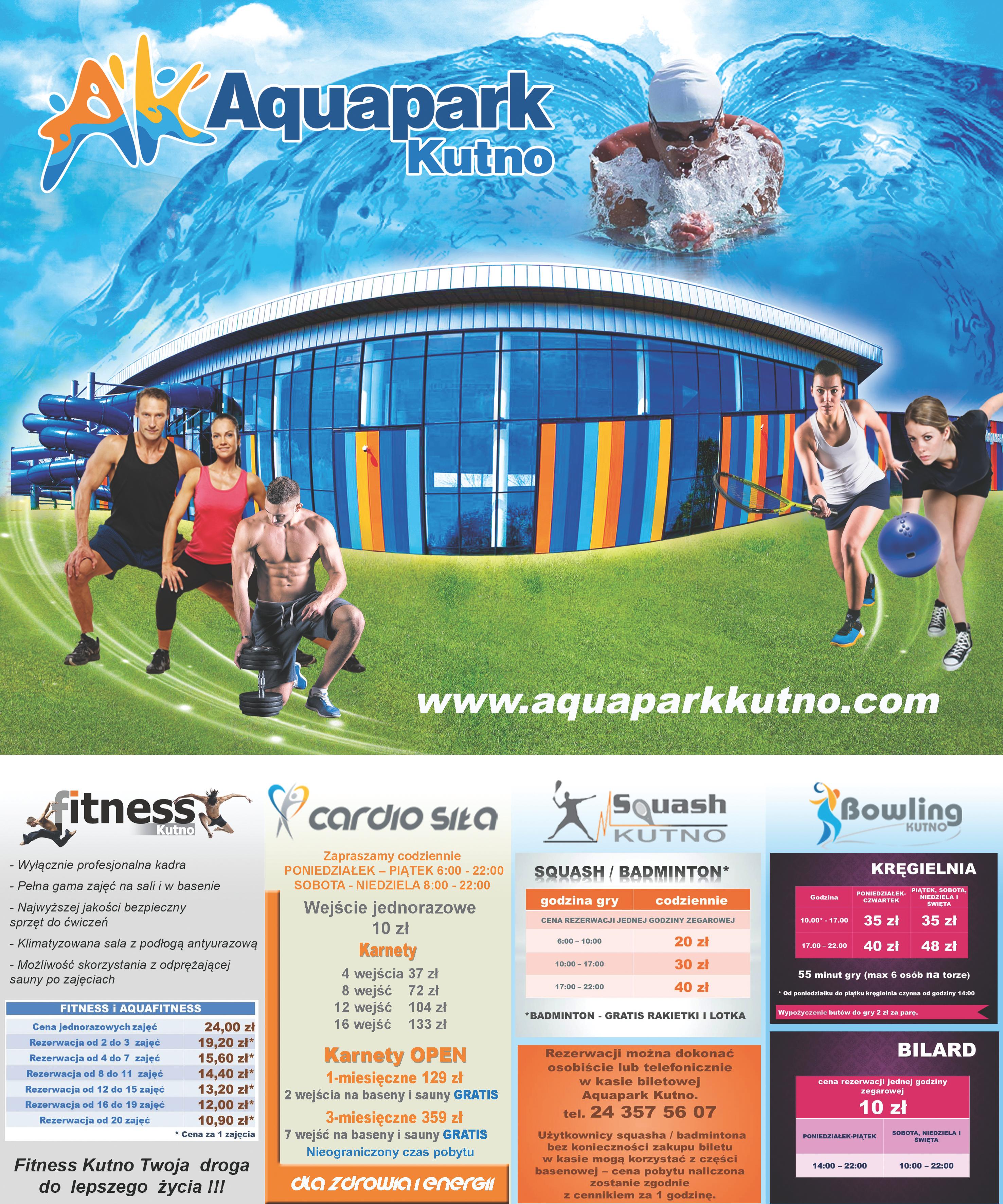 Aquapark Kutno: fitness, cardio siła, squash/badminton, bowling.