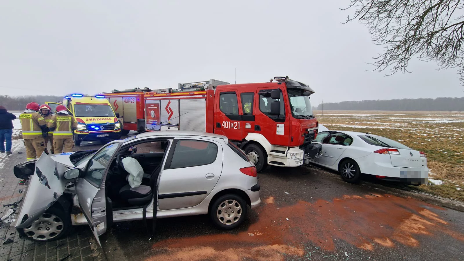 Karambol służb pod Bełchatowem. Ranna nastolatka, rozbite wozy strażackie i karetka [FOTO]