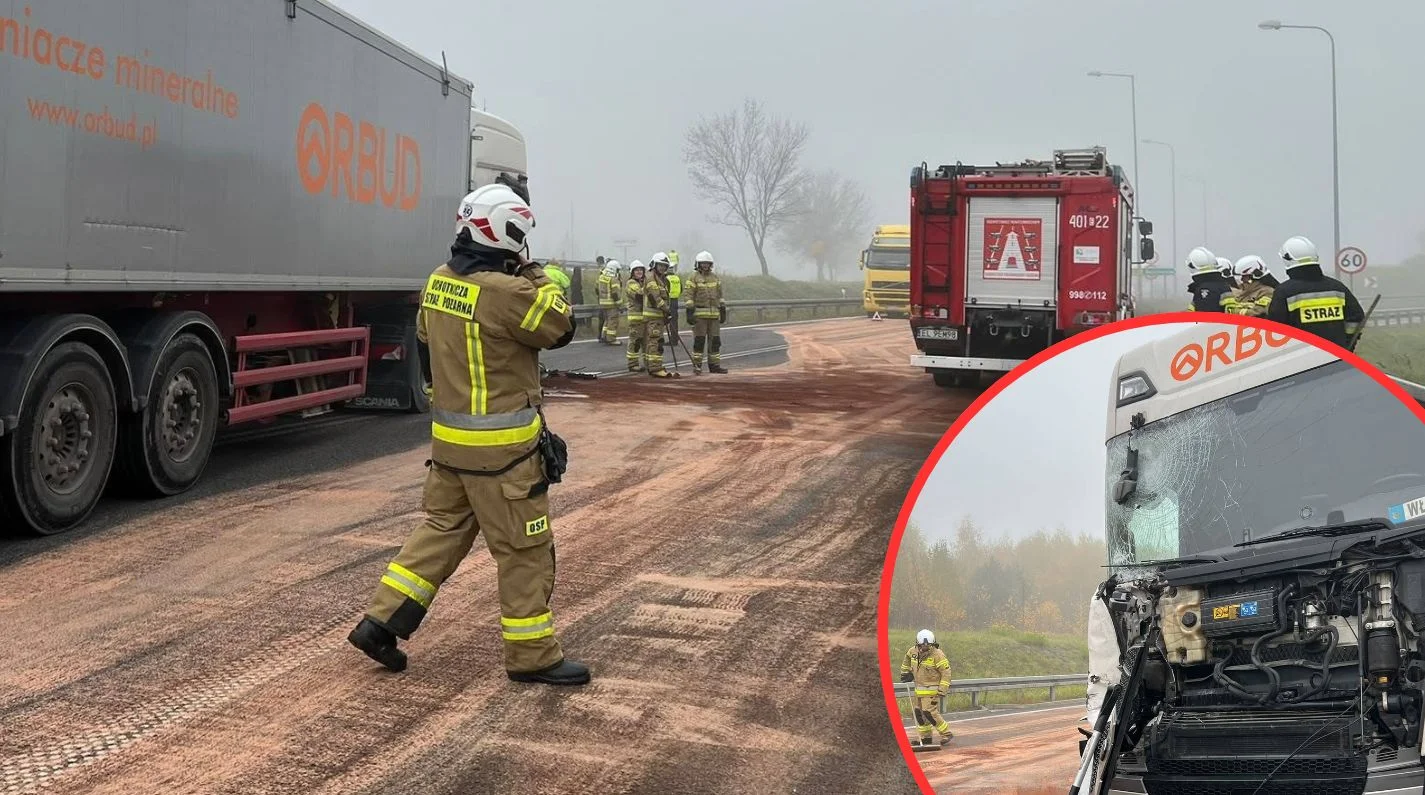 Zderzenie dwóch ciężarówek w Helenowie. Groźny wypadek na drodze pod Bełchatowem [FOTO]