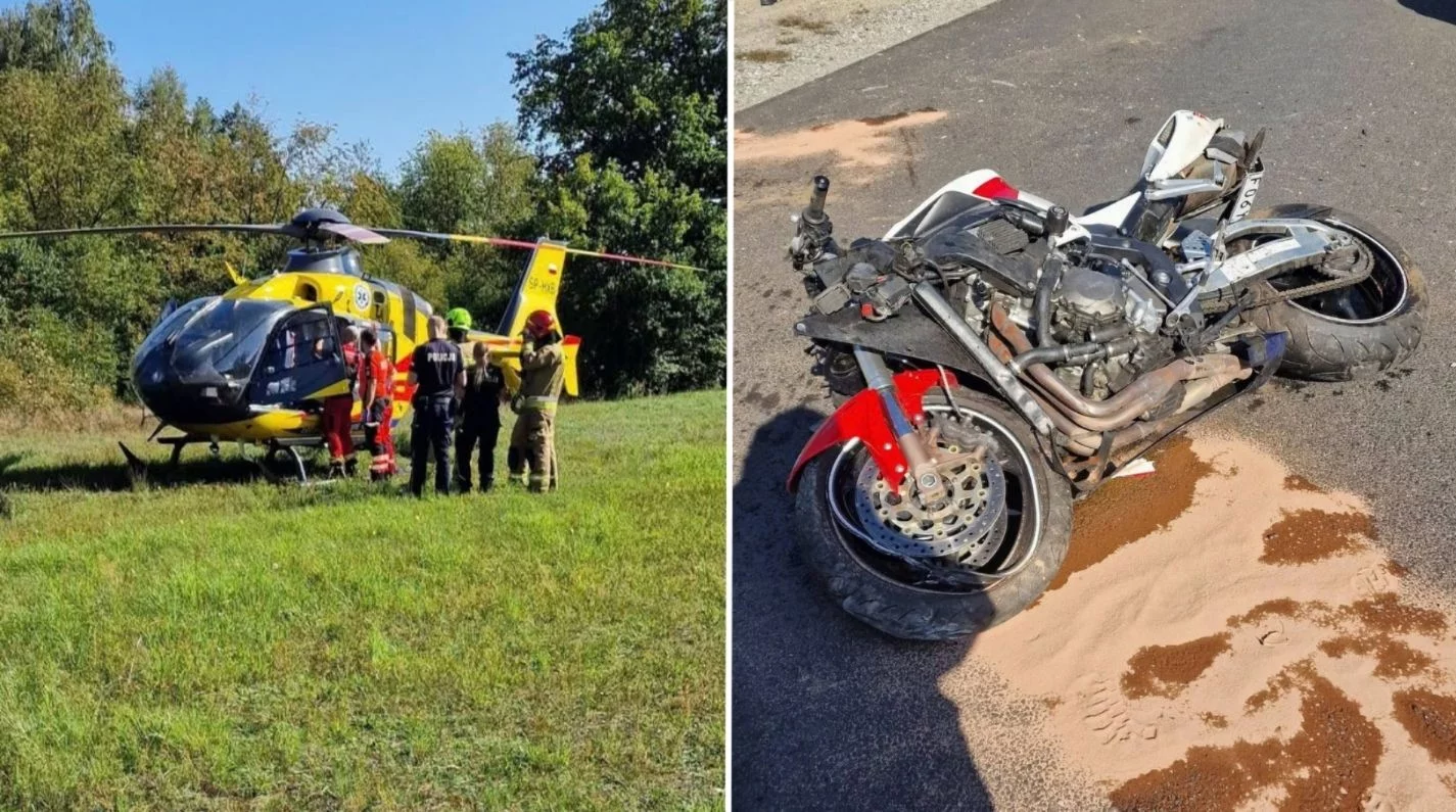 Groźny wypadek pod Zelowem. Ranny motocyklista, na miejscu LPR [FOTO]
