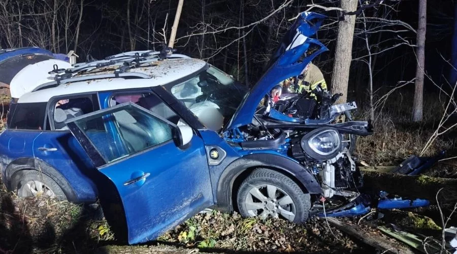 Groźny wypadek w powiecie piotrkowskim. Samochód wypadł z drogi