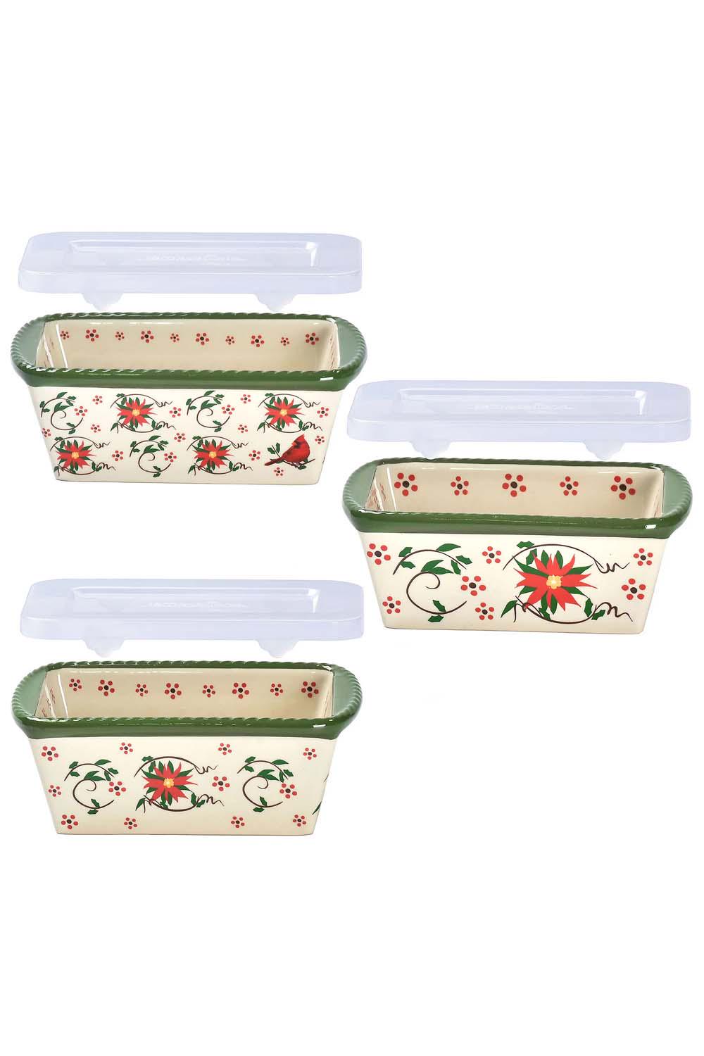 3 Temptations Christmas 12 Oz Mini Loaf Pan w/Lid/Box Bakeware