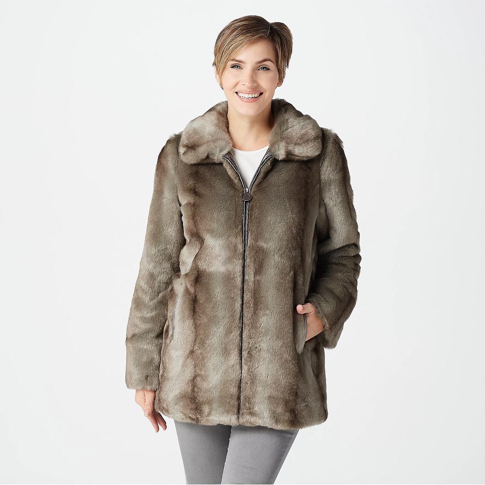 Dennis Basso Madison Avenue Faux Fur Zip-Front Jacket with Trim | Jender