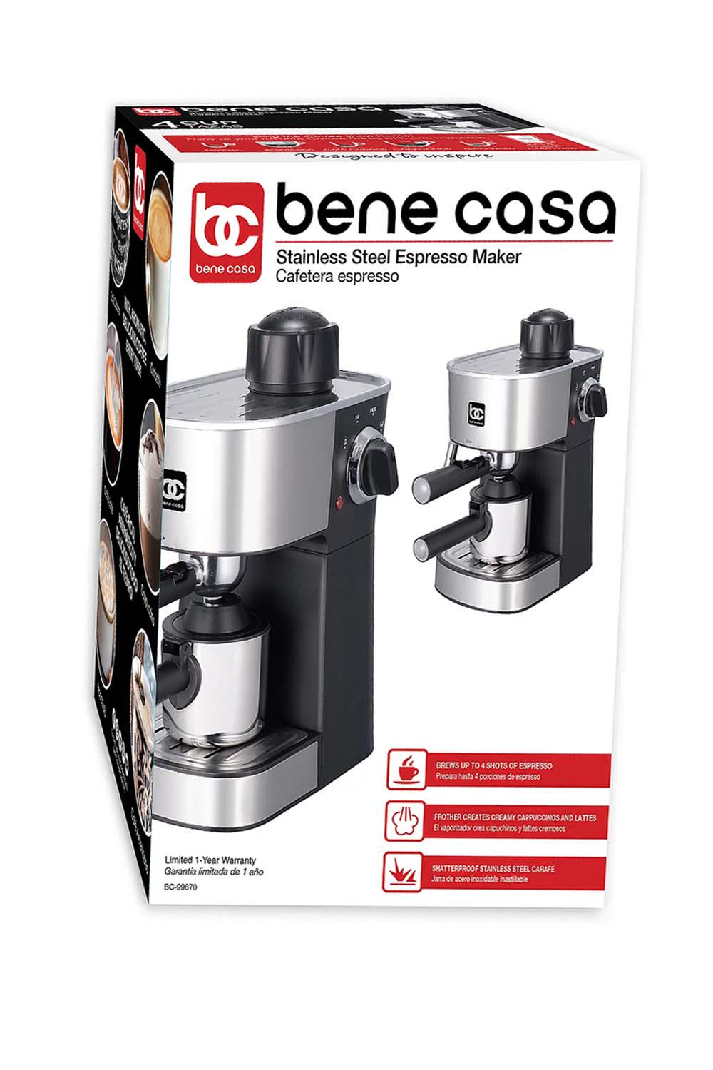 Bene Casa 4-Cup Stainless Steel Espresso Makerw/Steam Frother