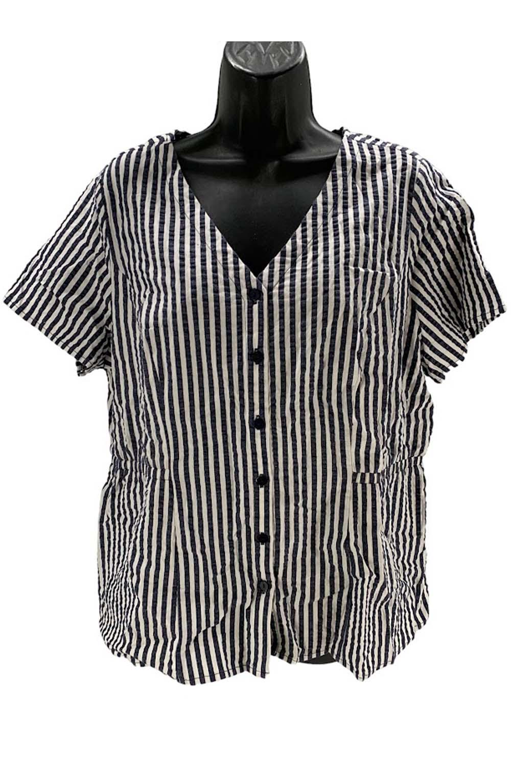 Denim & Co. Striped Seersucker Blouse with Elastic Navy