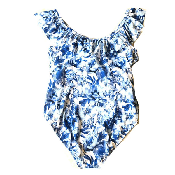 G.I.L.I. Convertible Ruffle Top One-Piece Swimsuit Blue Floral, Size 14,  A375138