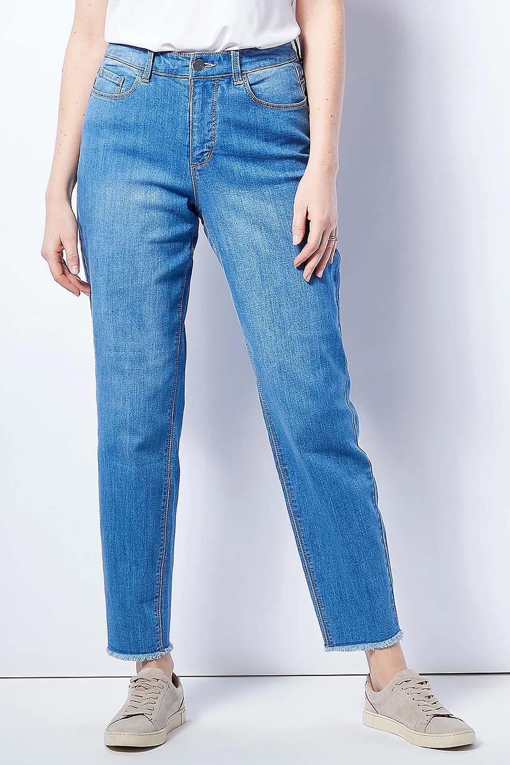 Susan Graver Straight Ankle Jean with Frayed Hem Medium Wash