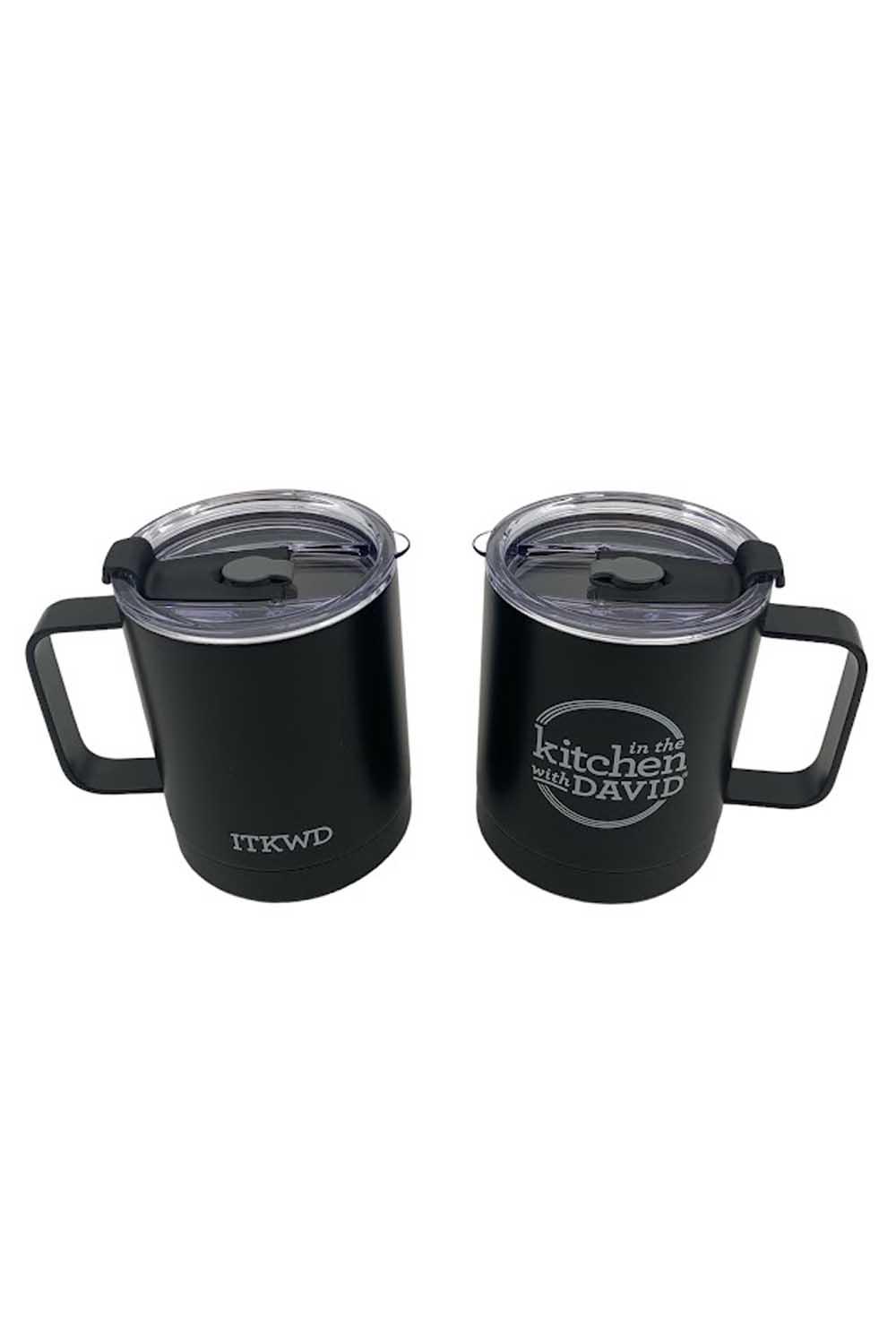 As Is In the Kitchen S/2 with David 14-oz Insulated Travel Mugs 