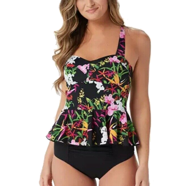 G.I.L.I. Swim Peplum Tankini with High-Waisted Bottom Black Tropical