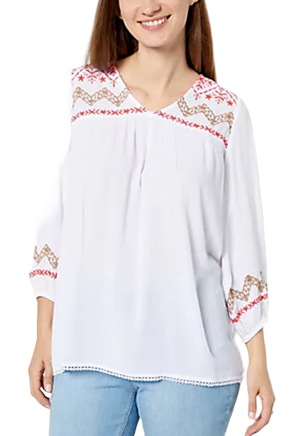 Susan Graver Pure Crinkled Gauze Embroidered Tunic White/Coral | Jender