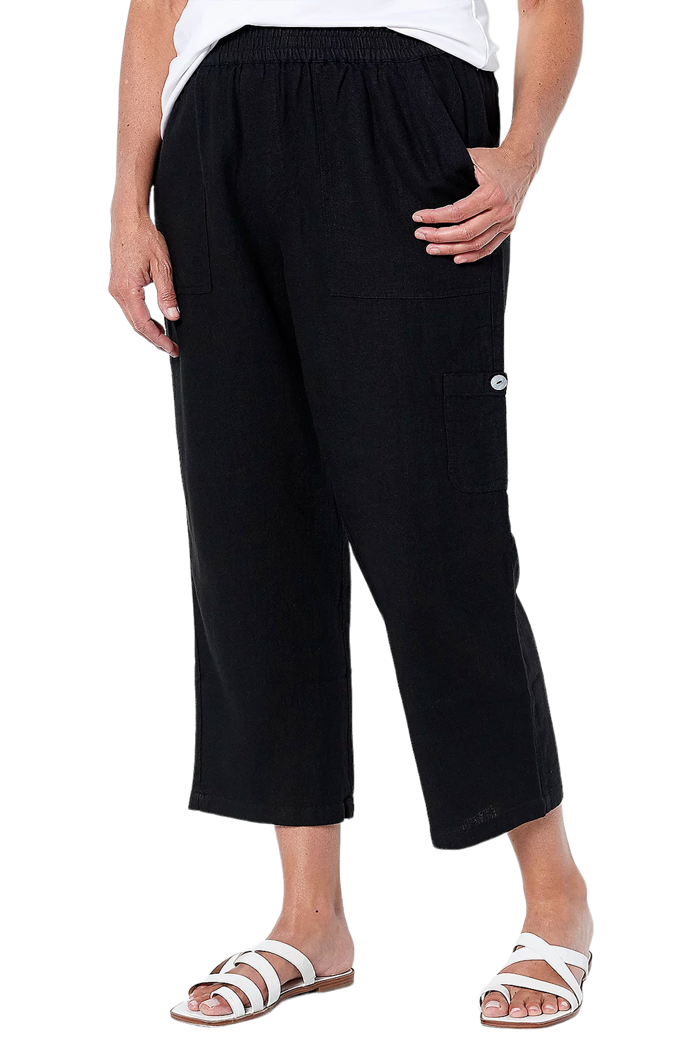 Susan Graver Pure Easy Linen Utility Crop Pant Black | Jender