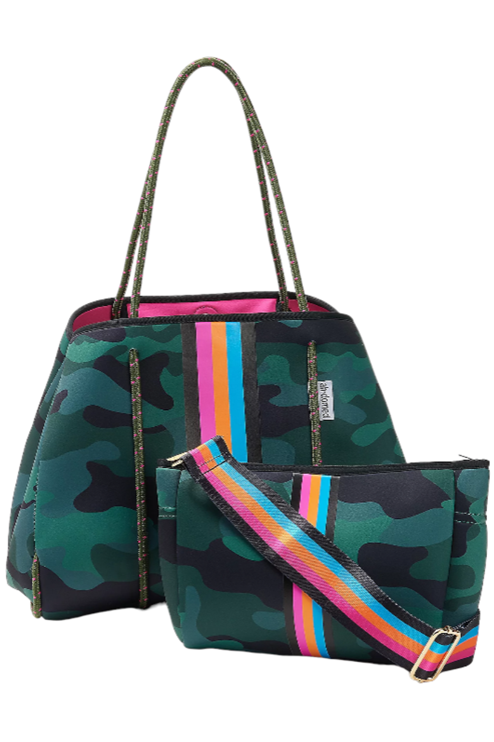 The Taylor Camo Neoprene Tote | Groovy's | Stripe Camo Neoprene Bag