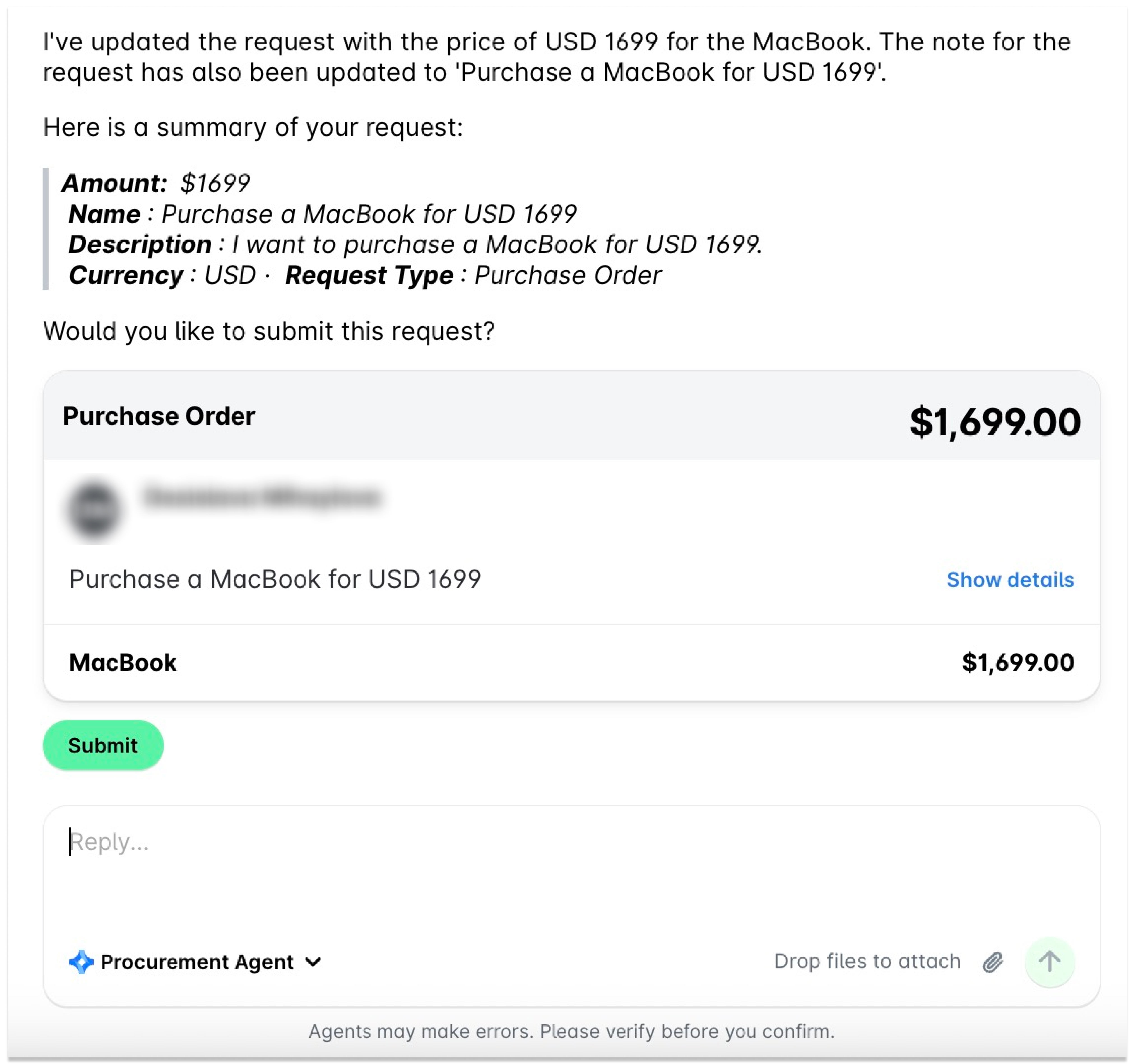 Résumé d’un bon de commande pour un MacBook au prix de 1 699 $.