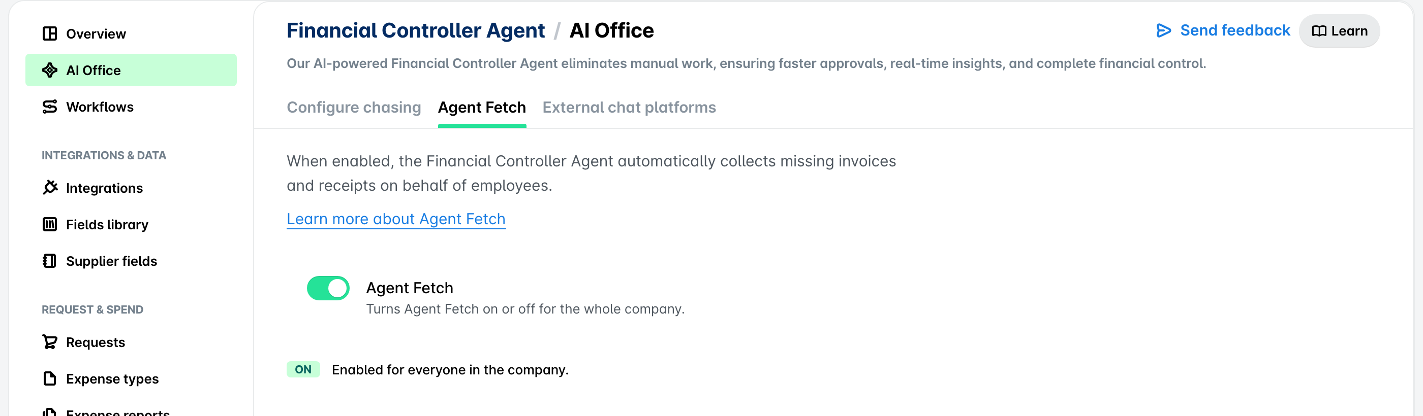 La pestaña Agent Fetch en la configuración de AI Office, donde un administrador activa o desactiva el interruptor de Agent Fetch para toda la empresa.