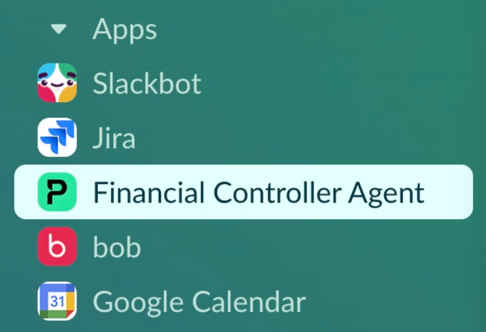 A Slack interface showing various apps with Financial Controller Agent highlighted.
