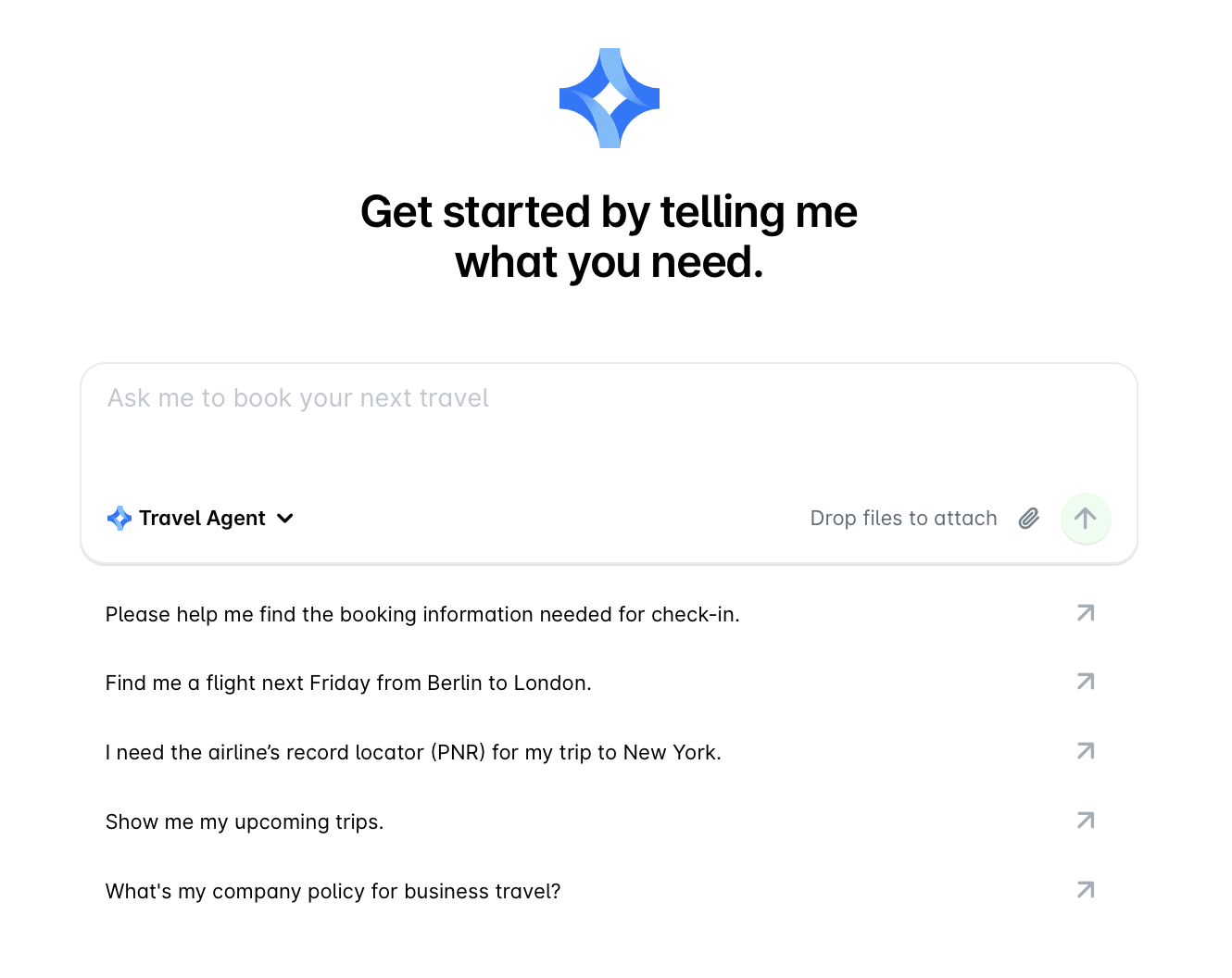 A travel assistant interface displaying various booking requests and options for users.