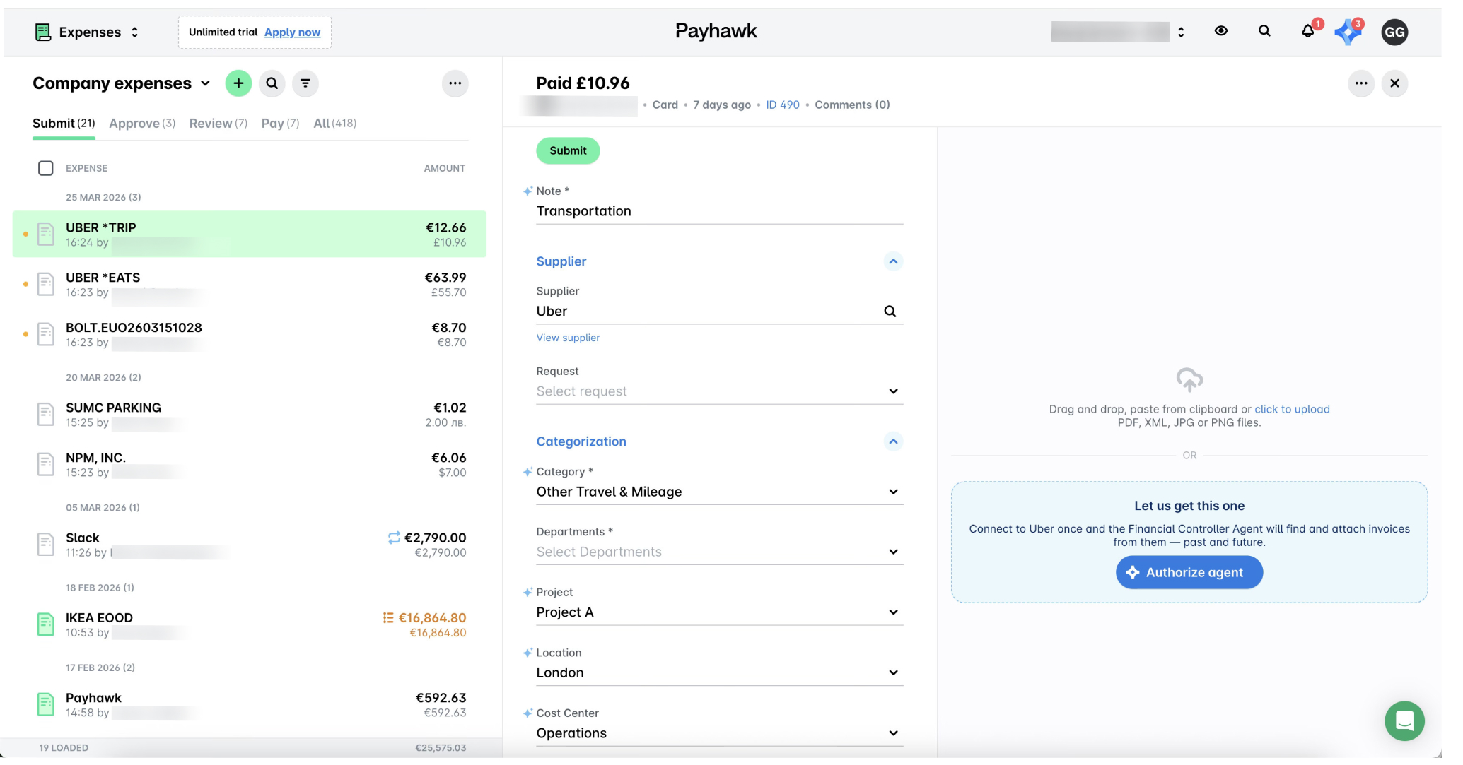 Expense report showing various transactions and details for company expenses.