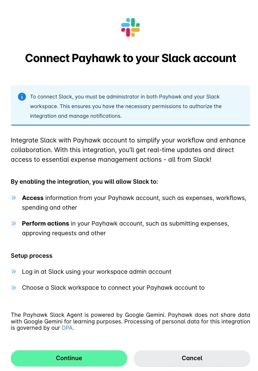 Anweisungen zur Verbindung von Payhawk mit Slack für Ausgabenverwaltung und Workflow-Integration.