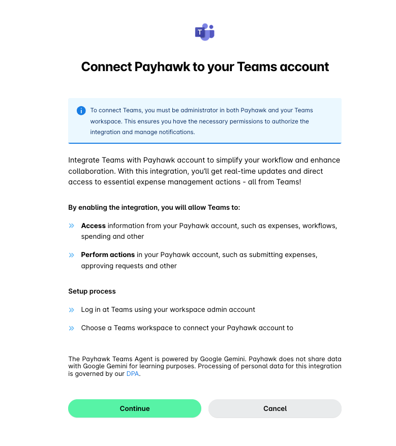 Instrucciones para conectar Payhawk con Teams para la gestión de gastos y la colaboración.