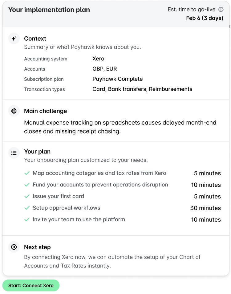 Implementation plan for Payhawk, detailing onboarding steps and main challenges.