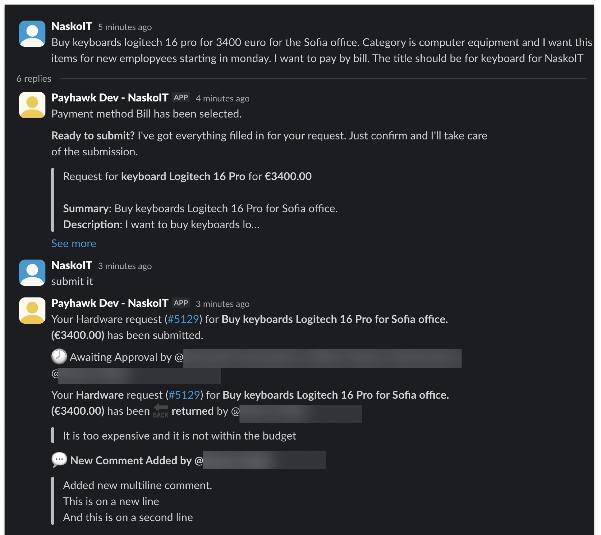 Demande de claviers Logitech 16 Pro pour le bureau de Sofia soumise pour approbation et révision budgétaire.