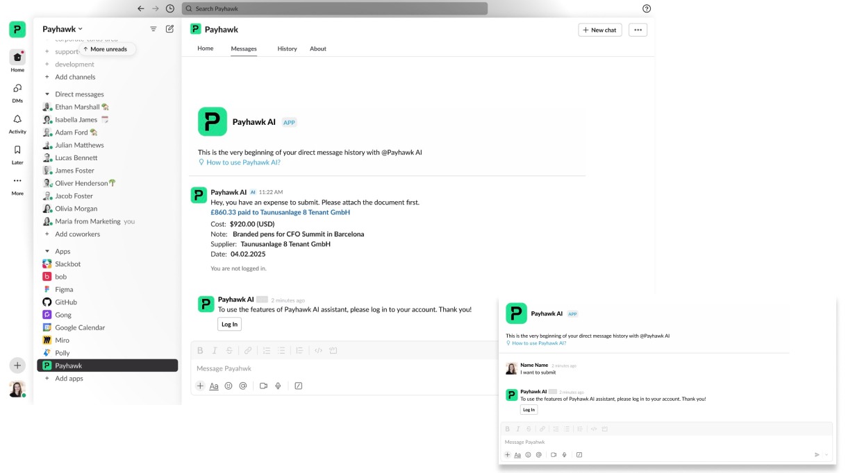 Payhawk AI-interface met weergave van onkostendeclaraties en directe berichtgeschiedenis.