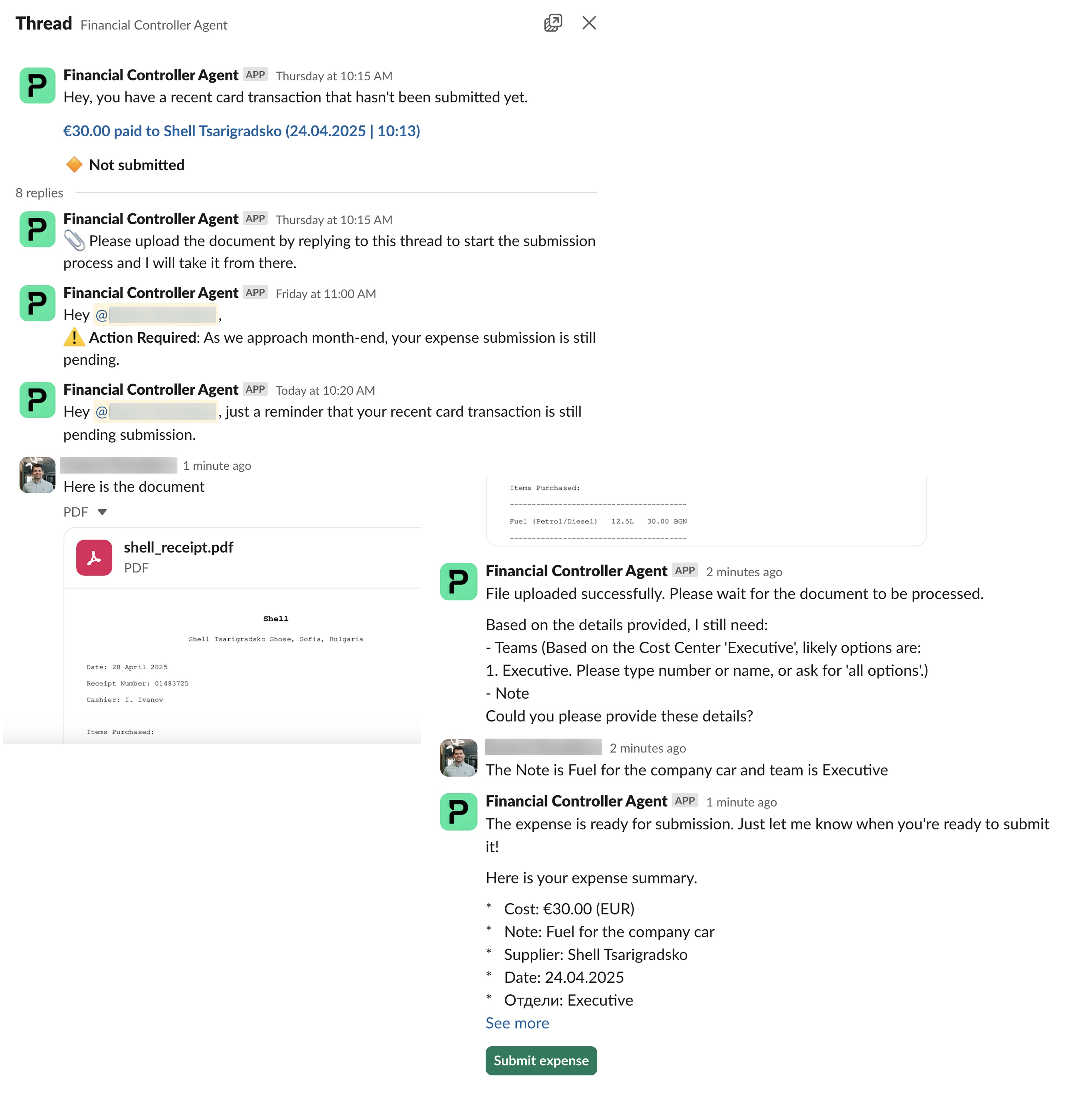 Een gesprek over het indienen van een onkostendeclaratie voor een recente transactie.