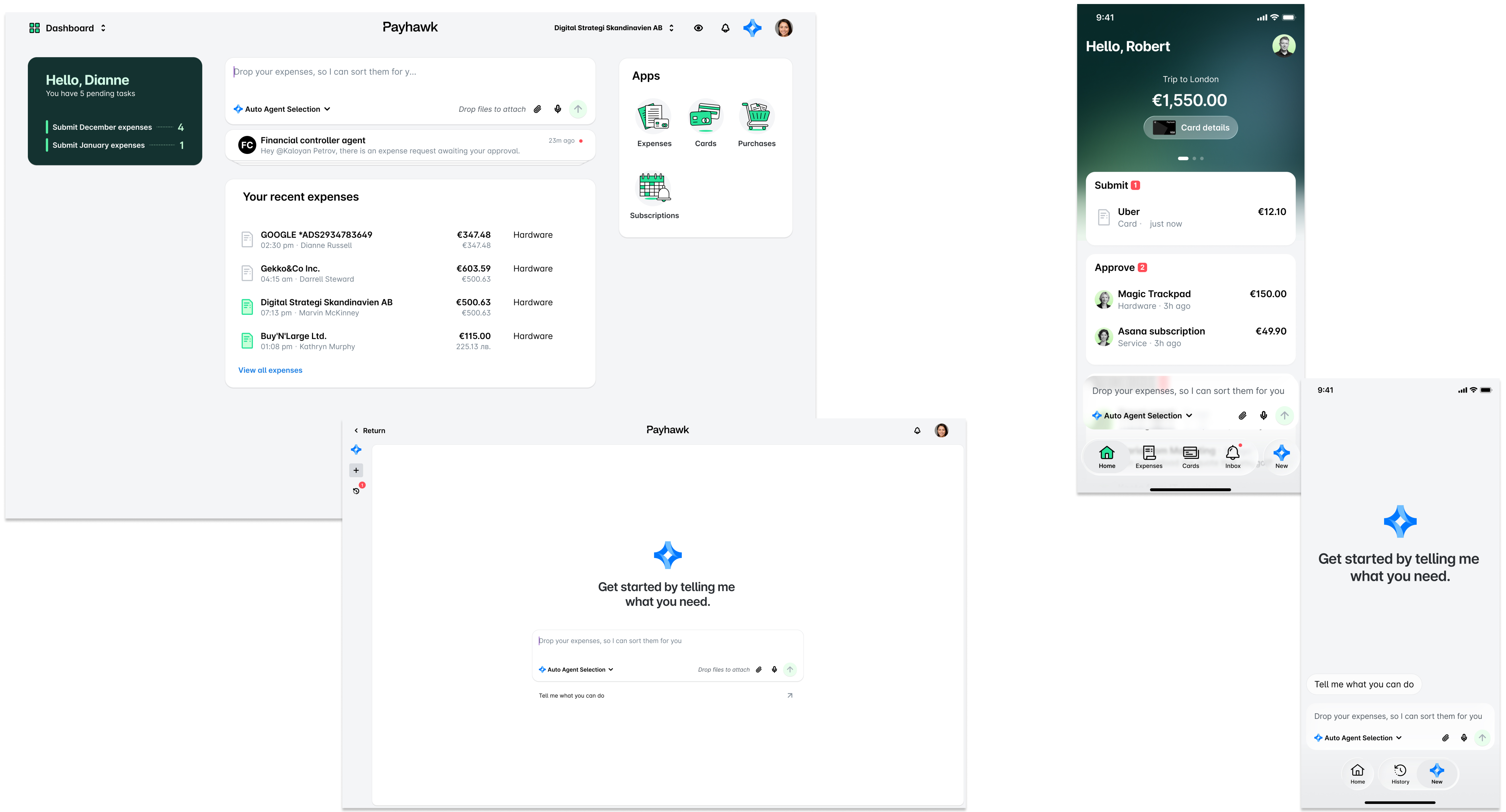 Payhawk-dashboard dat recente uitgaven en gebruikerstaken voor financieel beheer weergeeft.