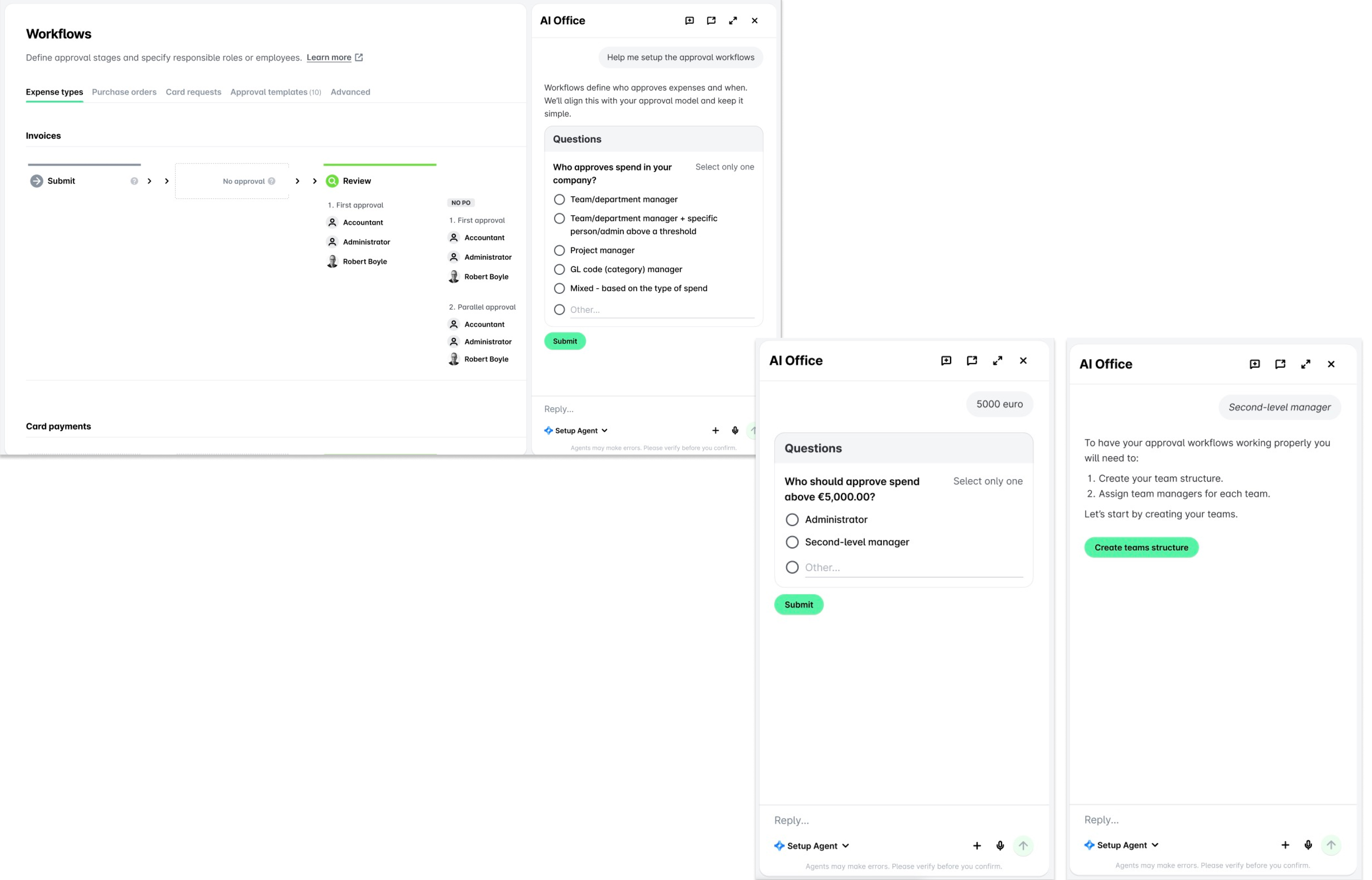 Workflow management interface displaying approval stages and questions for expense approvals.