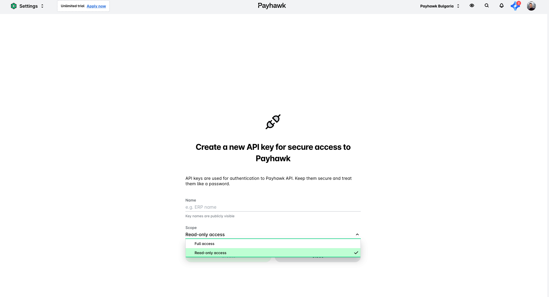 Creating a new API key for secure access to Payhawk with options for access levels.