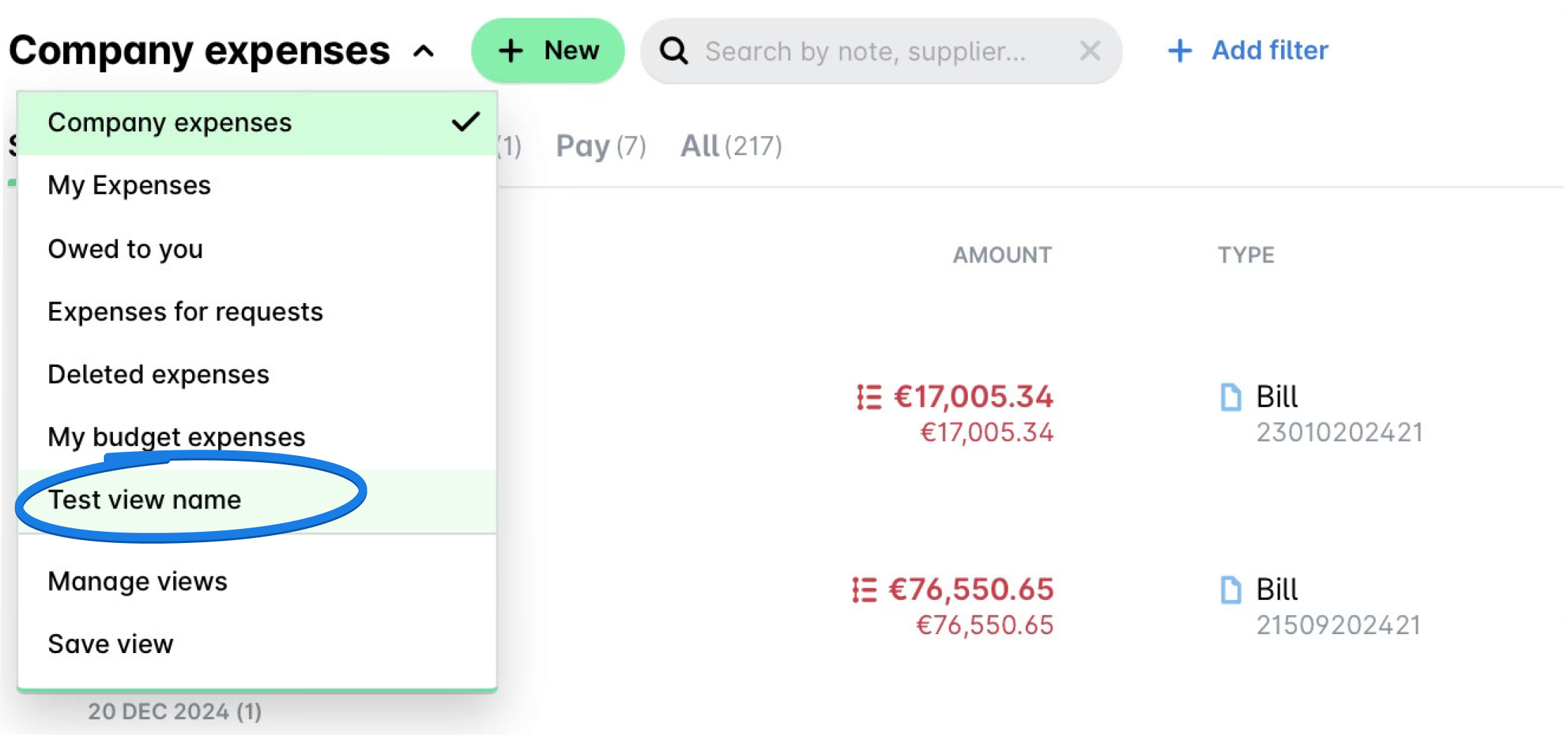 Dropdown menu showing various company expense categories with 'Test view name' selected.