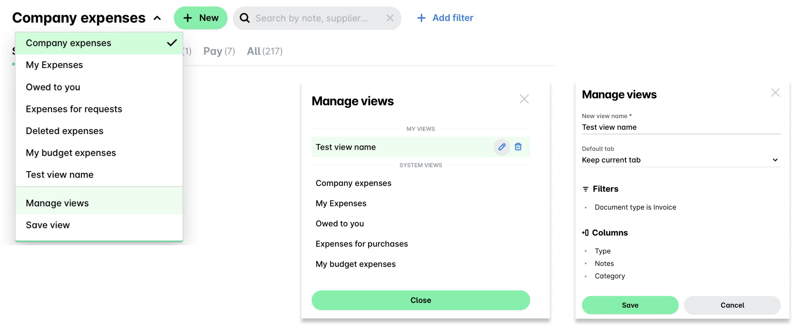 Manage views section for company expenses with options for filtering and saving views.