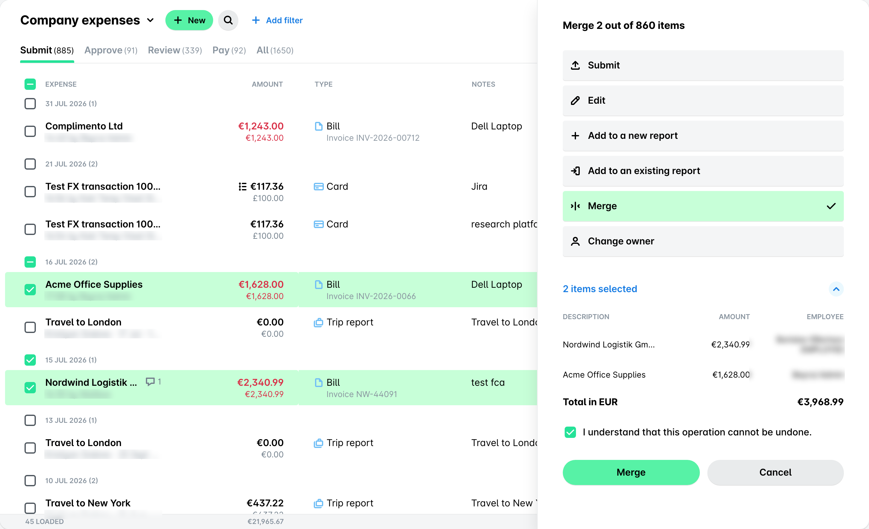Merging two selected expenses from the Submit tab in the Payhawk web portal, with the Merge action highlighted