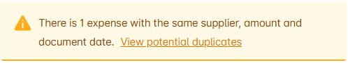 Melding over een mogelijke dubbele uitgave met dezelfde leverancier en hetzelfde bedragdetail.