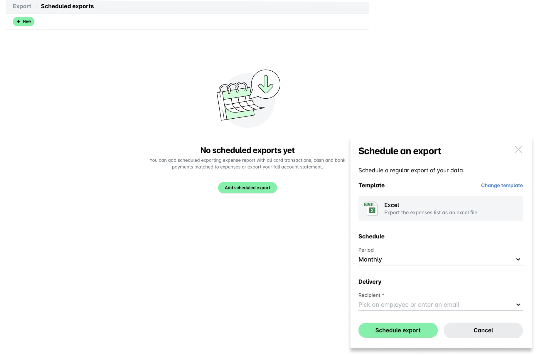 Interfaz para programar exportaciones, incluyendo opciones para Excel y configuraciones de entrega.