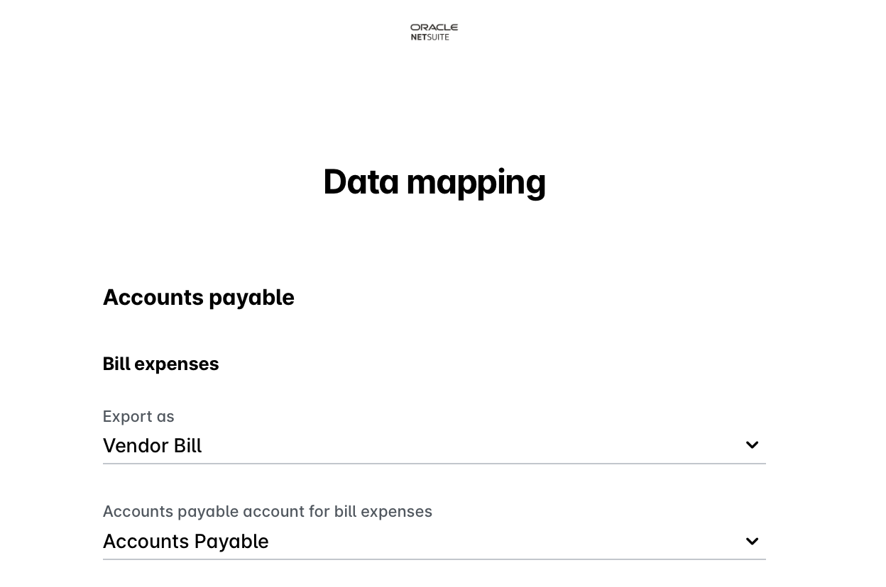 Data mapping for accounts payable and vendor bill export options in Oracle NetSuite.