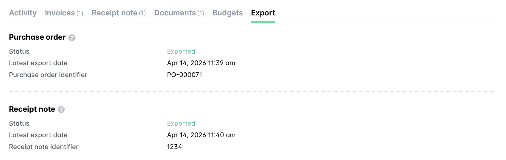 Details of purchase order and receipt note with export status and identifiers.